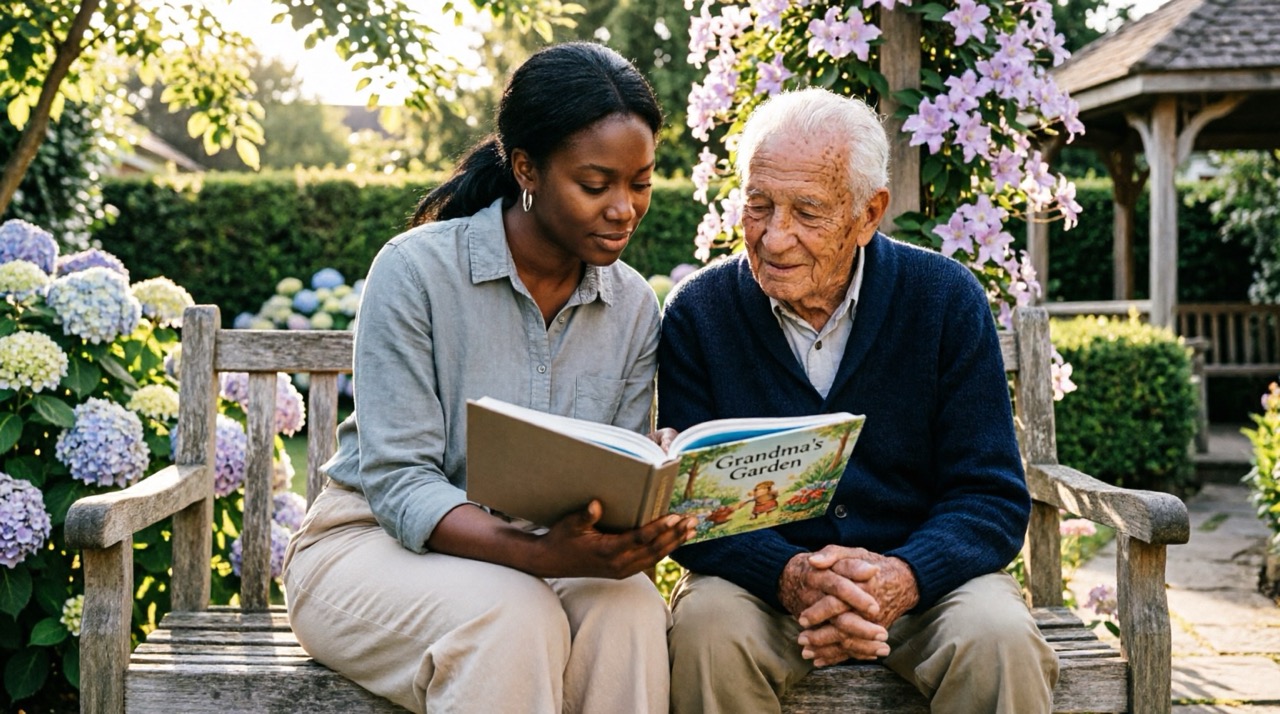 Young caregiver reading to elderly person in garden - companionship service